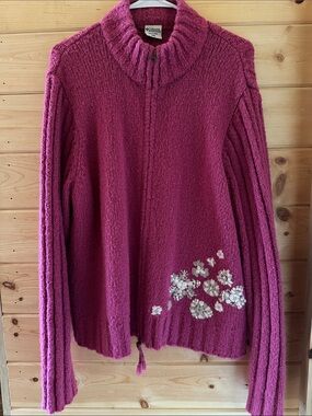 Columbia Women's Magenta Zip-Up Turtleneck Sweater with White Floral Accents